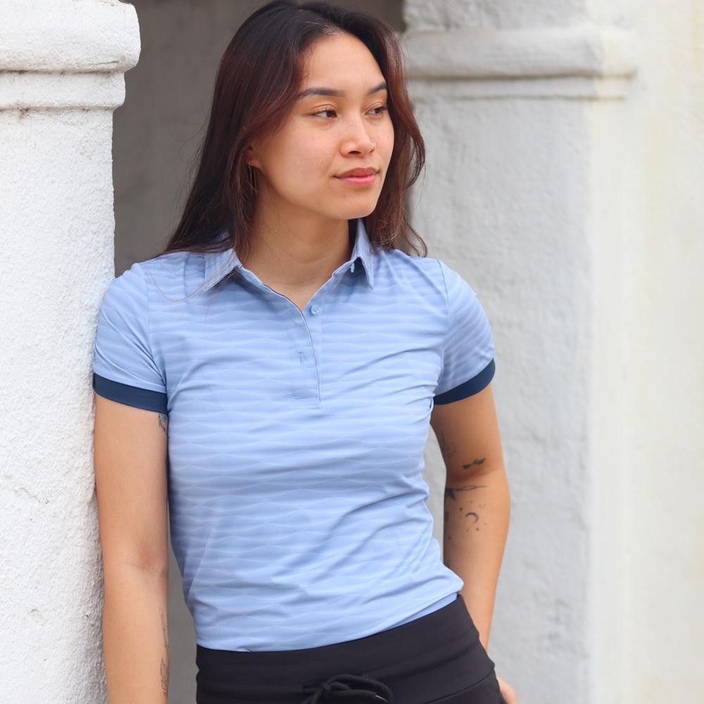 Women's Light Blue Short Sleeve Polo Top with Contrast Trim